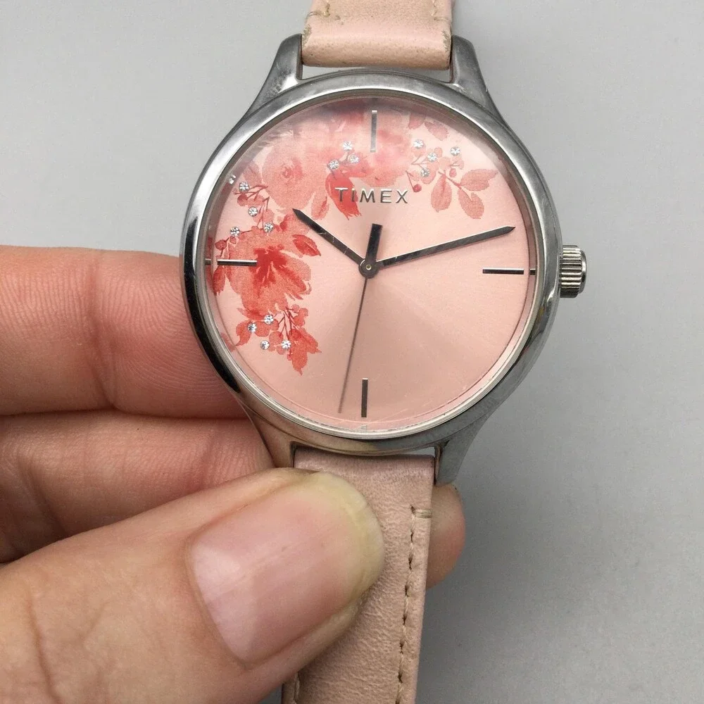 Timex Bloom Womens Analog Watch 36mm Pink Floral Dial Leather Strap New Battery